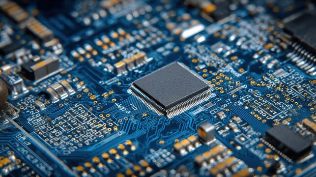 Close-Up of Motherboard BIOS: Electronic Design Featuring Blue Chips and Intricate Lines