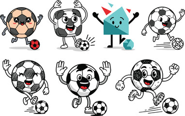 PrintCute Cartoon Soccer Ball Characters Vector Set – Fun Football Mascots for Kids Sports Design, Games, and Team Illustrations