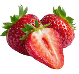 Three fresh strawberries, one sliced in half, vibrant red, green leaves