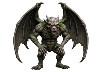 Fototapeta premium A formidable gargoyle, with large wings and angry red eyes, stands menacingly against a stark black background.