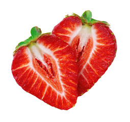 Two halves of a bright red strawberry, sliced in half, showing the white interior.  Fresh, juicy, and vibrant.  Focus on the fruit's detail