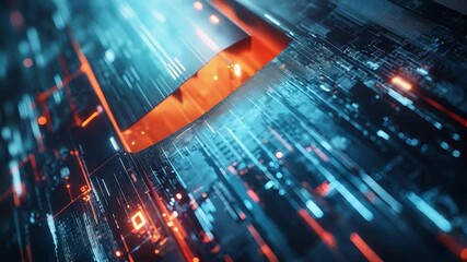 Futuristic server room with glowing orange and blue lights - Powered by Adobe