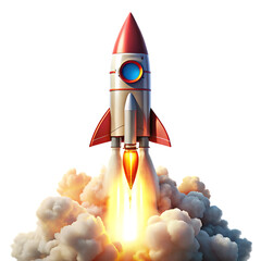 A vibrant rocket taking off with a burst of flame and smoke. Cartoon plastic style icon