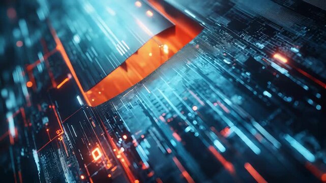 Futuristic server room with glowing orange and blue lights - Powered by Adobe