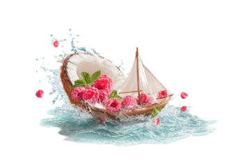 A coconut half boat, filled with raspberries, sailing on a wave of milk