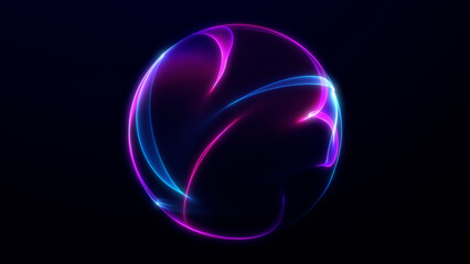 Shimmering blue purple sphere made of neon particles with glowing abstract flow, modern sci-fi background.