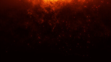 Red glowing particles and smoke texture, abstract fiery energy background in dark cinematic style.
