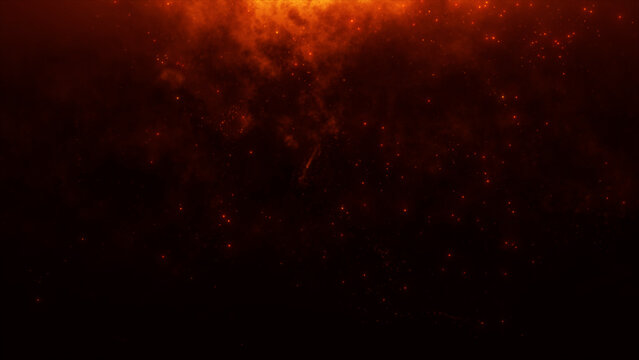 Red glowing particles and smoke texture, abstract fiery energy background in dark cinematic style.