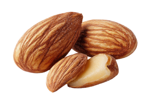 Close-up of three whole and one halved almonds.  The nuts are a light brownish-tan color with distinct,  parallel ridges.  One almond is split open, revealing a pale, creamy interior