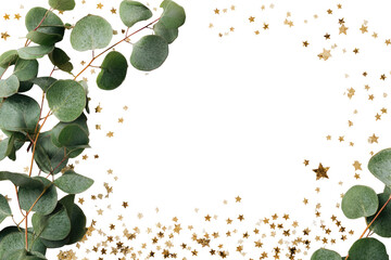 Eucalyptus sprigs frame a black backdrop, surrounded by scattered confetti
