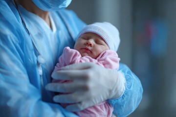 Caring Matron Gently Supports Newborn, A Heartwarming Moment in Pediatric Medicine