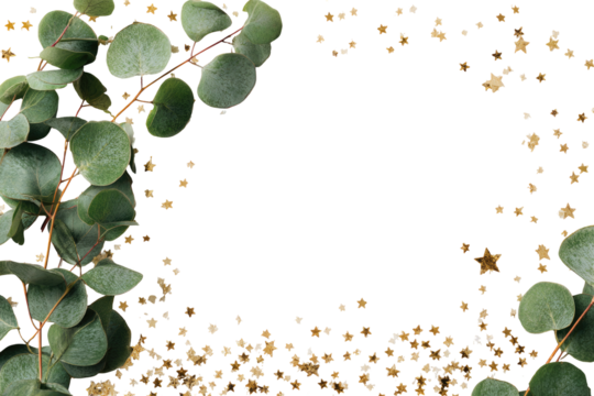 Eucalyptus sprigs frame a black backdrop, surrounded by scattered confetti