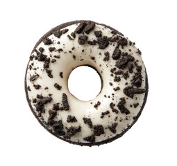 Round donut, white icing, dark chocolate sprinkles