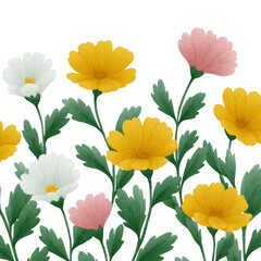 Vibrant wildflowers in various colors and lush green leaves create a lively, natural scene.