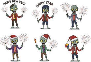 Zombie cartoon celebrating New Year, holding fireworks, festive holiday undead character, funny scary monster, creepy Santa zombie, holiday party illustration