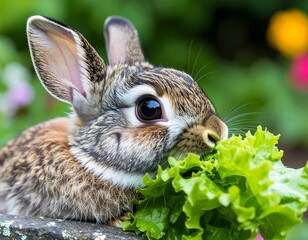 Close-up of a baby rabbit eating lettuce in a garden