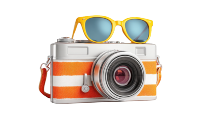 A retro camera with sunglasses
