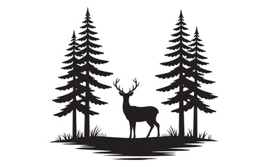 Deer Silhouette in Scenic Pine Tree Forest Landscape Vector