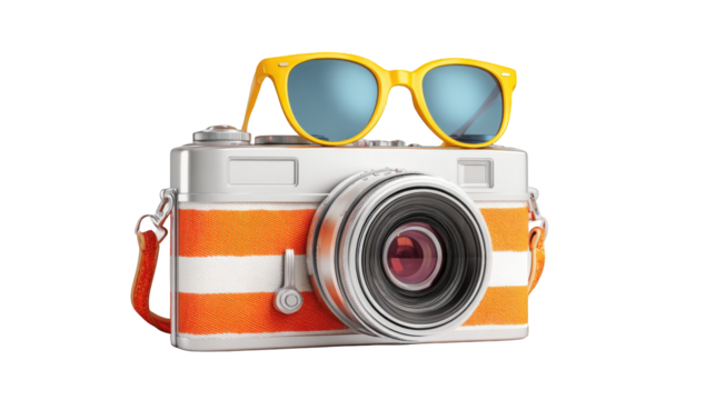A retro camera with sunglasses