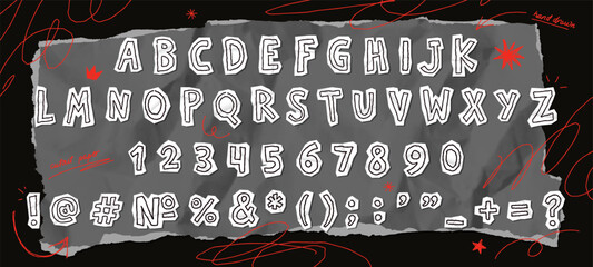 Cut out paper font with doodle letters, numbers and punctuation marks. Hand written alphabet on cutout paper with folded texture, retro collage typography with scribble elements vector set