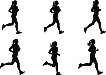 PrintSilhouettes of a woman running in various active poses, fitness, healthy lifestyle, jogging, exercise, outdoor activity, energetic female athlete vector illustration