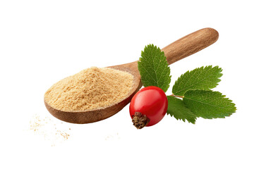 Light beige powder in wooden spoon, with rose hips and leaves
