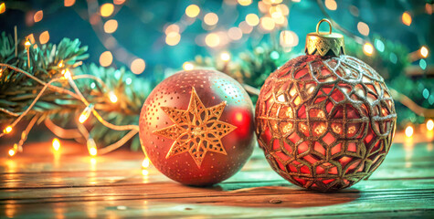 Festive christmas ornaments and twinkling lights create a warm holiday atmosphere close up
