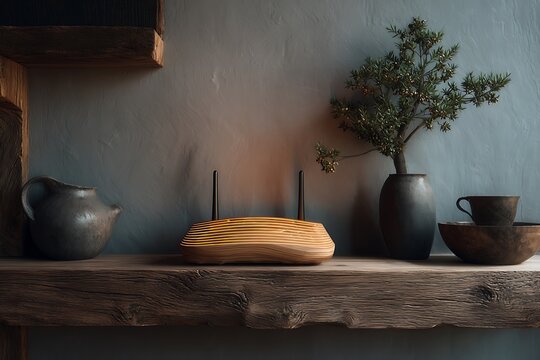 Elegant wooden router glowing warmly on rustic shelf with decorative pottery and greenery