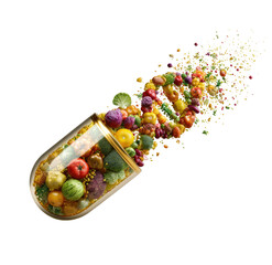 A transparent gold capsule bursts with a vibrant array of colorful fruits and vegetables, radiating outwards in a dynamic explosion