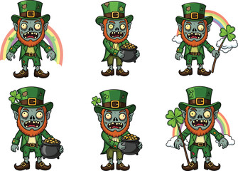 Zombie leprechaun cartoon characters with pot of gold, shamrock, rainbow background, St. Patrick's Day horror theme, undead Irish creature
