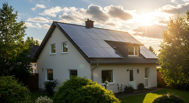 Sustainable Residential Home with Rooftop Solar Panels Under Midday Sun, Eco-Friendly Living with Green Garden and Renewable Energy Solution