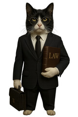 Lawyer cat in formal suit holding legal book, tuxedo cat attorney with glasses and briefcase, professional courtroom cat for legal art, Isolated on transparent background, PNG die-cut for advertising.