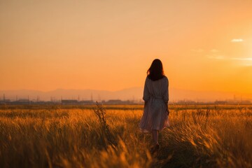 Fototapeta premium Serene Walking Meditation: Young Woman Strolling Through a Sunlit Summer Field