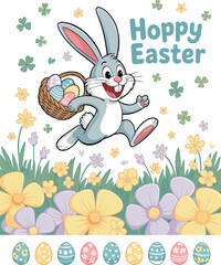 Cute cartoon Easter bunny with basket full of colorful eggs, happy spring rabbit illustration, festive holiday character, kids clipart