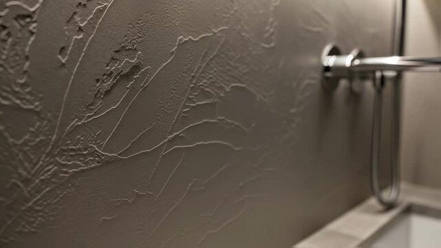 Slow pan across a finished bathroom wall with microcement subtle textures visible from the trowelling technique under soft lighting conditions.