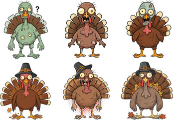 Cartoon zombie turkeys in funny poses, Halloween and Thanksgiving mix, spooky undead birds illustration, comic holiday characters, pilgrim costume theme