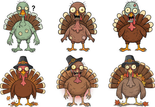 Cartoon zombie turkeys in funny poses, Halloween and Thanksgiving mix, spooky undead birds illustration, comic holiday characters, pilgrim costume theme