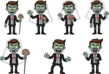 Cartoon zombie grooms in wedding suits, spooky horror characters, Halloween undead men, funny groom illustration, bouquet holding, creepy wedding art