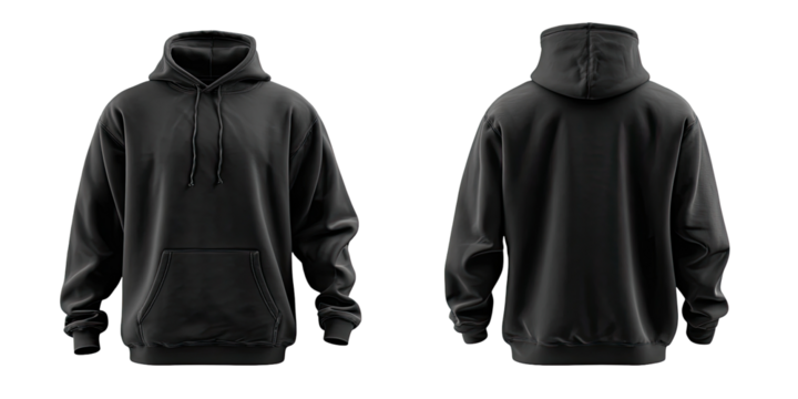 Blank black hoodie, front and back views