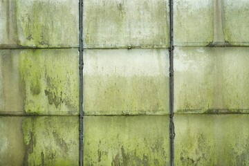  Aged greenhouse glass facade with green patina and algae stains 