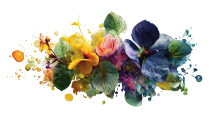 Colorful floral bouquet, vibrant paint splatter