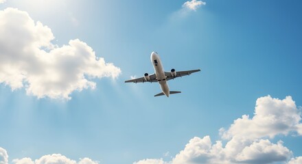 A modern passenger airplane flying high in a bright blue sky with fluffy clouds, creating a scene of travel and adventure