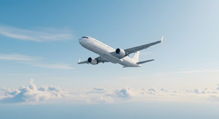 A passenger airplane soars through the sky, showcasing its sleek design against a backdrop of fluffy clouds and blue sky