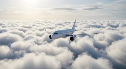 Obraz premium An airplane gracefully soaring through a sea of clouds, against a bright sky