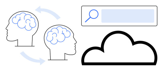 Two brains connected by arrows, cloud outline, and search bar symbolizing knowledge exchange, collaboration, and data access. Ideal for teamwork, innovation, brainstorming, cloud technology