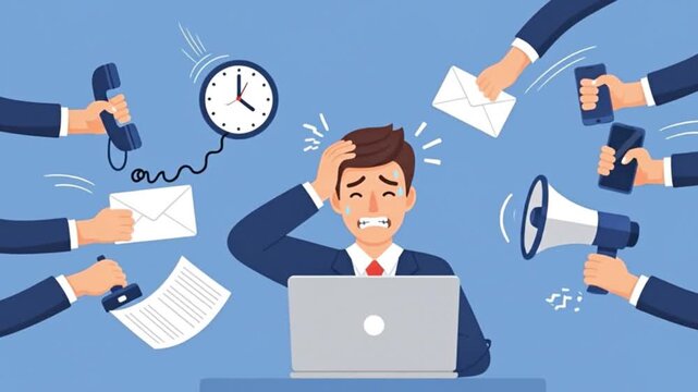 A stressed cartoon businessman overwhelmed by multitasking, depicting work anxiety and mental pressure