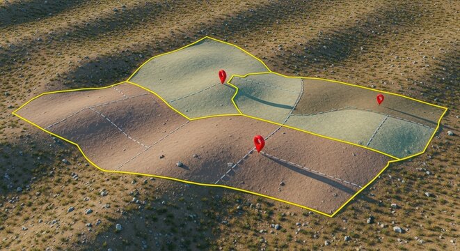 Aerial top view of a land plot with yellow borders and red location markers. Concept of land ownership, cadastral map, and property division.