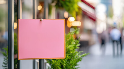 Blank pink signboard displayed outside restaurant, surrounded by greenery and blurred background of people walking