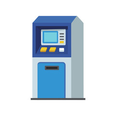 Blue and grey automated teller machine with screen and keypad