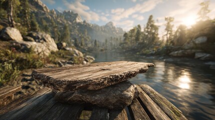 Tranquil forest stream with mossy rocks and sunlit trees in the background